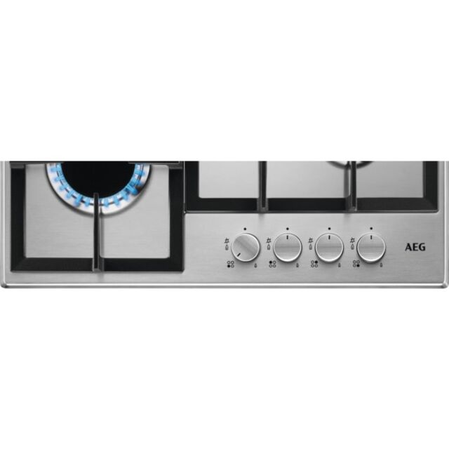 AEG HGE64200SM 
60cm wide 4 burner gas hob with triple crown burner. Black/Silver controls, Cast iro