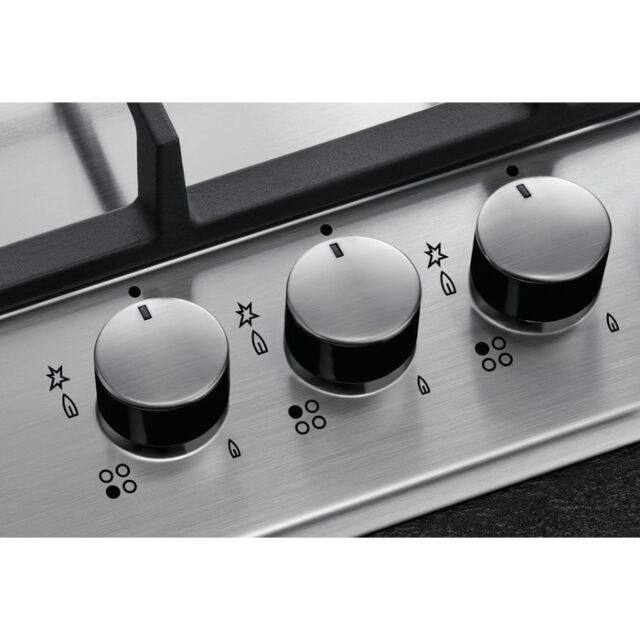 AEG HGE64200SM 
60cm wide 4 burner gas hob with triple crown burner. Black/Silver controls, Cast iro