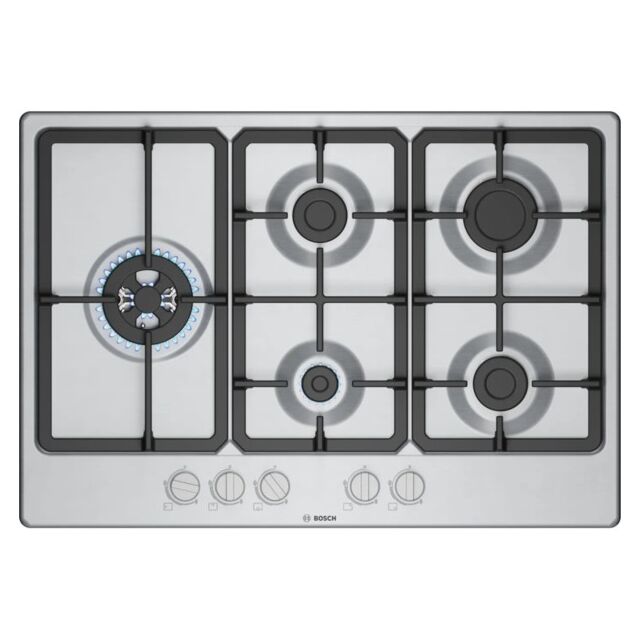 Bosch PGM7B5K90 75cm, 5 burners, 3.3kW Wok, 3 Dishwasher suitable cast iron pan supports, new standa