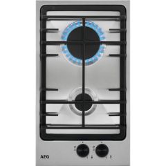 AEG HGX3220SM 
30cm domino 2 gas burners. Cast Iron supports Front black rotary controls. Stainless 