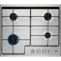 AEG HGX6400SM 
60cm wide 4 burner gas hob. Front silver rotary controls. Enamel pan supports. Flame 