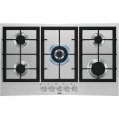 AEG HGX95320SM 
90cm wide 5 burner gas hob with 1 triple crown burner. Black/Silver controls Cast ir